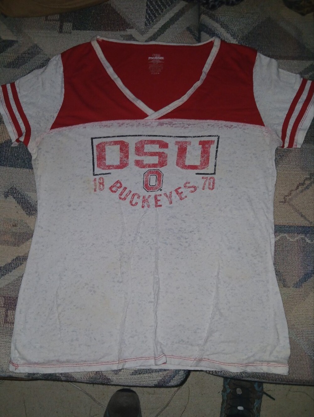 Pro Edge Women's White and Red V-Neck OSU Buckeyes Tee